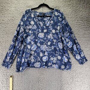 Talbots Top Womens 2X Blue Floral Print Long Sleeve Lightweight Blouse